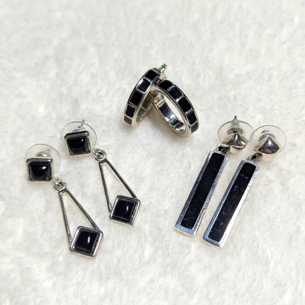 Vintage Silvertone & Black Pierced Earrings  - Total 3 pair